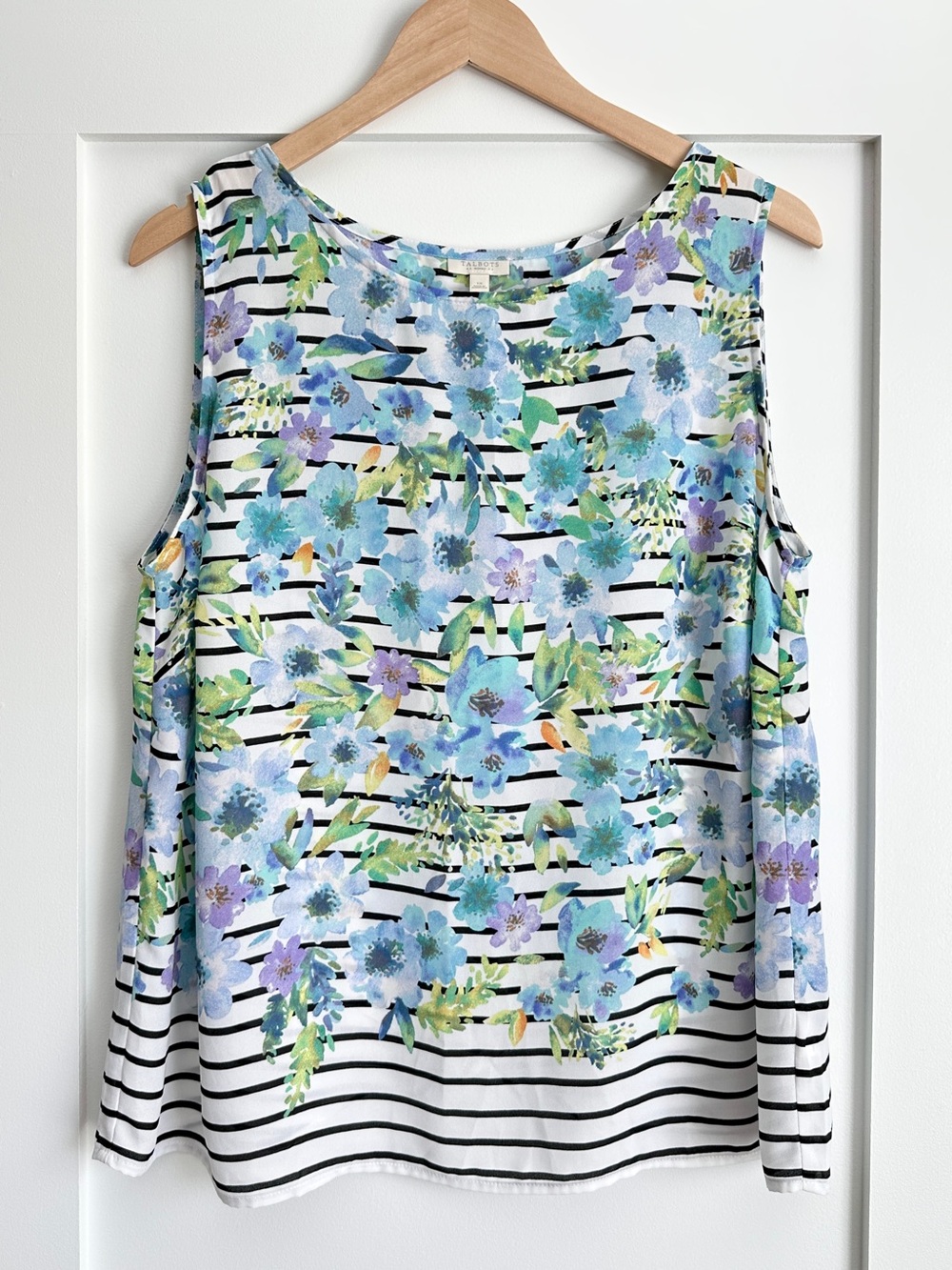 Talbots Floral Striped Sleeveless Blouse Size 1X Flowy Draped Crossover Back